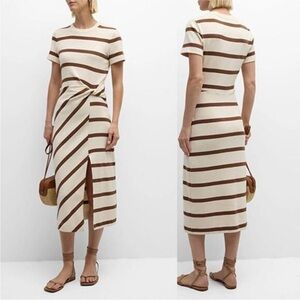 Tanya Taylor Cream and Brown Striped Short-Sleeve Midi Dress